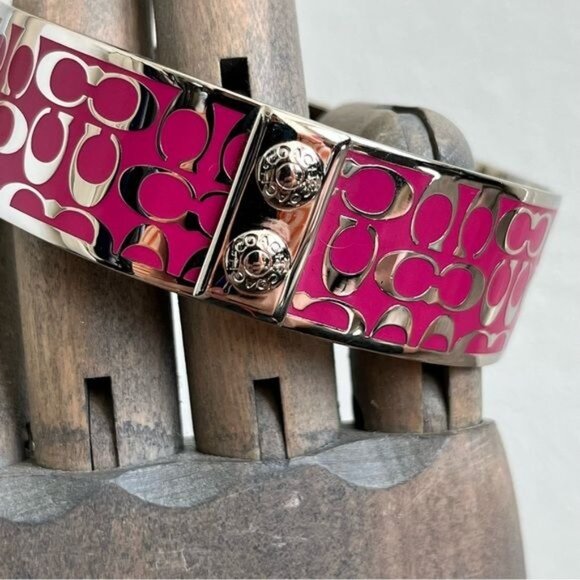Coach Wide Signature C Pink Metal Bangle Bracelet - Picture 4 of 8